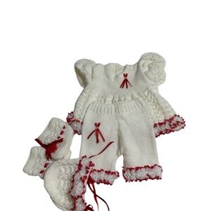 Adorable Handmade Baby Girl Outfit – Red & White Lace 4-Piece Set